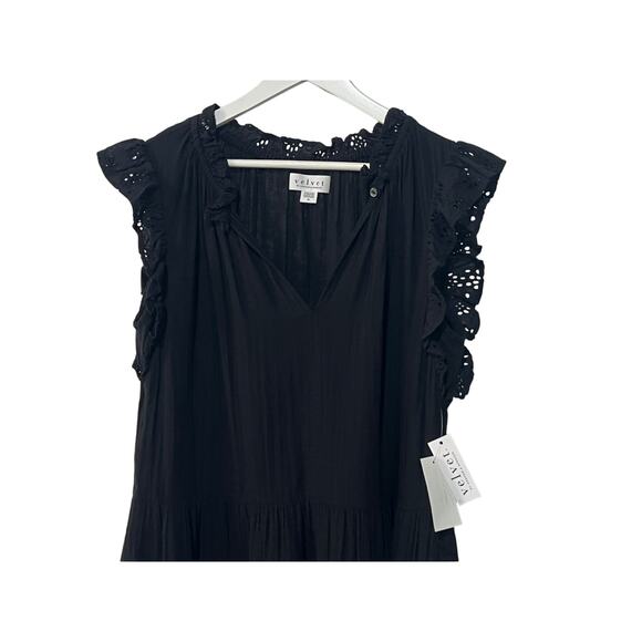 VELVET GRAHAM SPENCER WMNS SMALL GRACE COTTON RUFFLE SLEEVE MINI DRESS BLK NEW - Picture 7 of 14